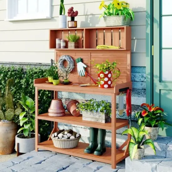 Gulches 65" Forest Natural Farmhouse Garden Potting Bench with Planter Stands and Holders image {2}