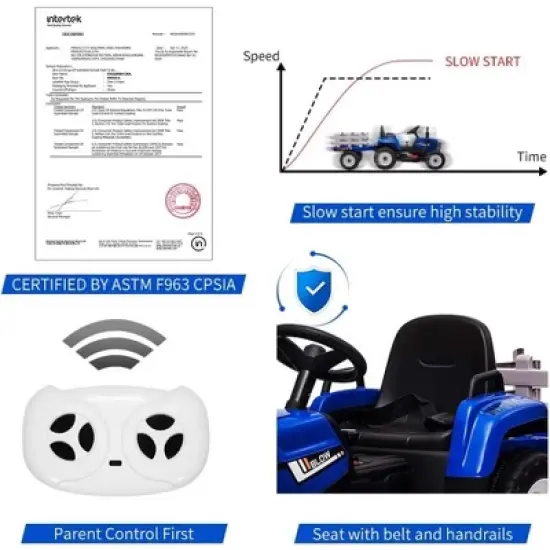 12V Kids Electric Tractor with Trailer, Battery Powered Ride-On Car for Toddlers 3-6, Remote Control, 7 LED Headlights, 2+1 Gear Shift image {4}