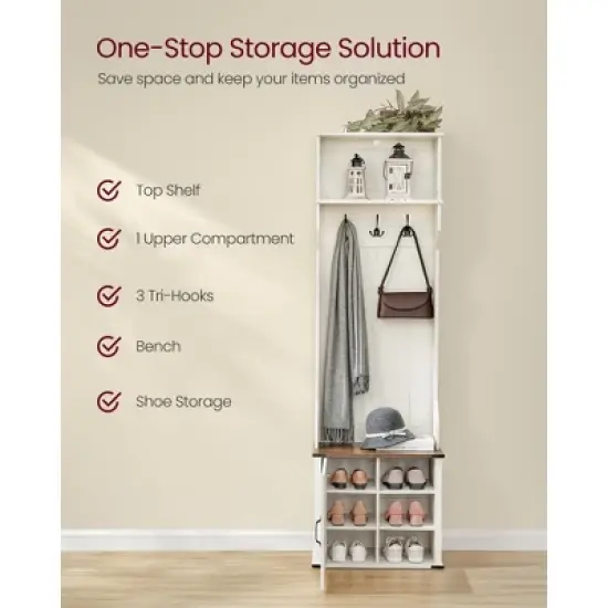 VASAGLE Hall Tree with Bench and Shoe Storage, Coat Rack with Shoe Bench, Entryway Furniture, 3 Tri-Hooks, Door with Handle, Rustic White image {1}