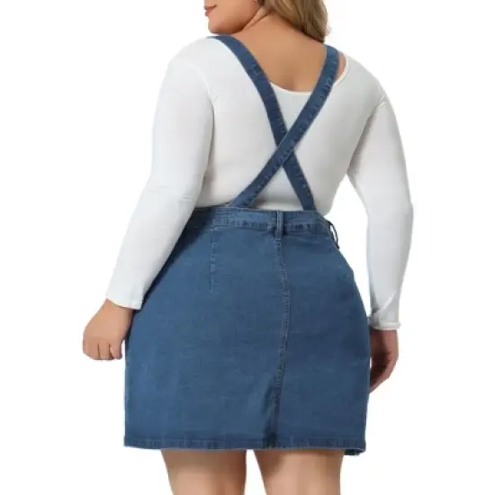 Agnes Orinda Women's Plus Size Suspender Adjustable Strap Cross Back Mini A-Line Denim Skirts image {3}