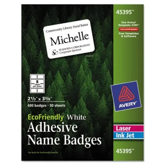 Avery EcoFriendly Adhesive Name Badge Labels, 3.38 x 2.33, White, 400/Box image {4}