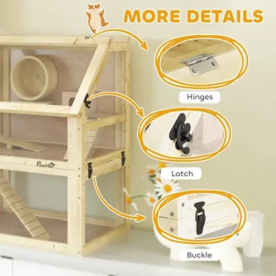 PawHut Wooden Hamster Cage, 3 Tier Small Animal Cage with Detachable 12.6" Deep Bottom, Hut, Seesaw, Exercise Wheel, Ramps, for Dwarf, Gerbil, Mouse image {4}