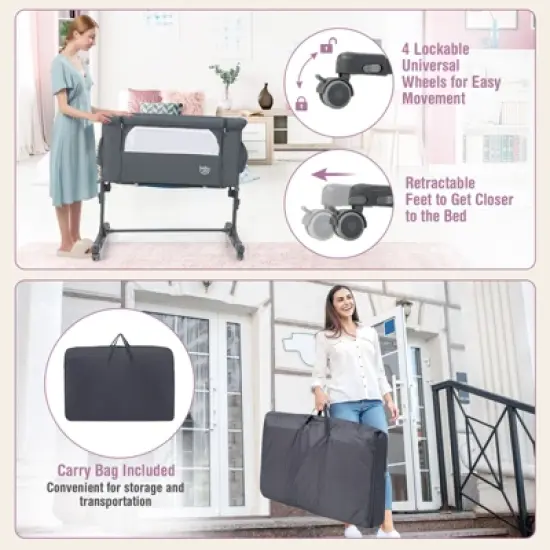 Infans 3-in-1 Baby Bassinet Beside Crib with 5-Level Adjustable Heights Grey image {5}