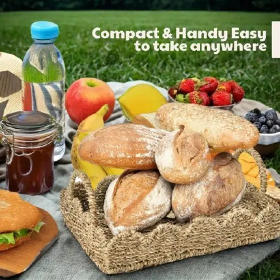 BRINJOY 14" Woven Seagrass Tray with Scalloped Edge - Bohemian Decorative Tray with Handles for Coffee Table Ottoman Festive Decor, Brown image {4}