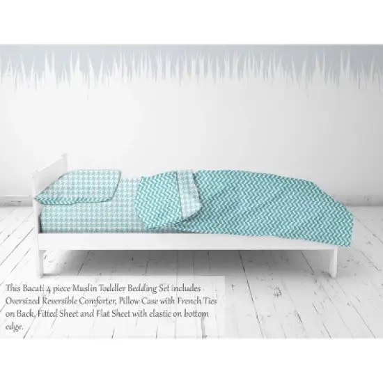 Bacati - Houndstooth/Herringbone Aqua Unisex Muslin 4 pc Toddler Bedding Set image {6}