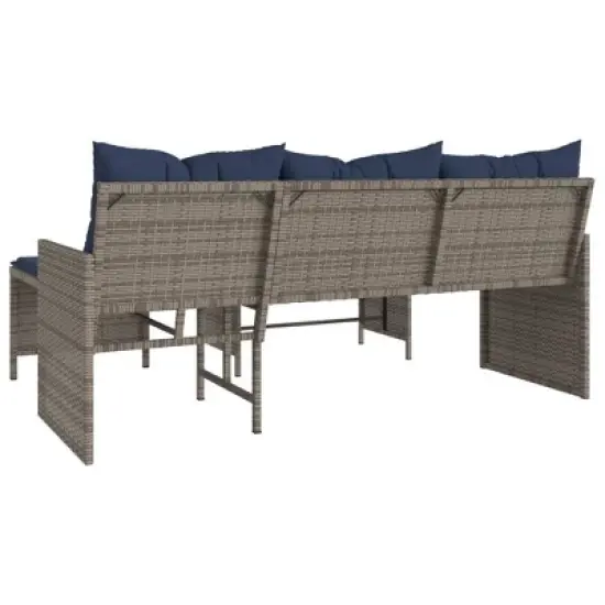 vidaXL 3-Seater L-Shaped Patio Sofa Set with Table - Gray Poly Rattan, Navy Cushions, Powder-Coated Steel Frame & Glass Top image {6}