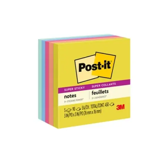 Post-it&reg; Super Sticky Notes, 3x3 in, Summer Joy Collection, Assorted Colors, 90 Sheets/Pad, 5 Pads/Pack, 2 Packs image {1}