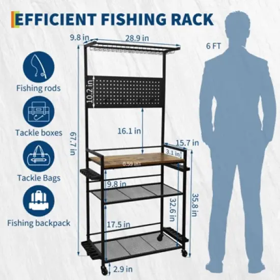Fishing Rod Holders for Garage, Fishing Rod Storage Rack with Hooks & Wheels, Baker's Racks, Fish Pole Stand Organizer with Pegboard for Fishing Gear image {1}