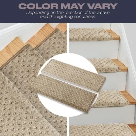 MBIGM Bullnose Carpet Stair Treads for Wooden Steps, Non-Slip Indoor Stair Runner w/ TPU Backing & Steel Reinforcement, Warm Ivory, Lattice 14 Pack image {5}
