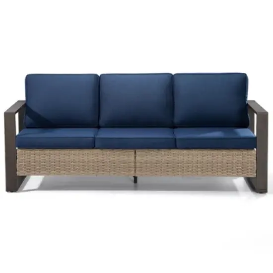 COWLOWN Dark Blue Outdoor Rattan Patio Sofa, 3-Seat Wicker Couch with Armrests and Cushions, Weather-Resistant Furniture for Backyard, Garden, Porch image {9}
