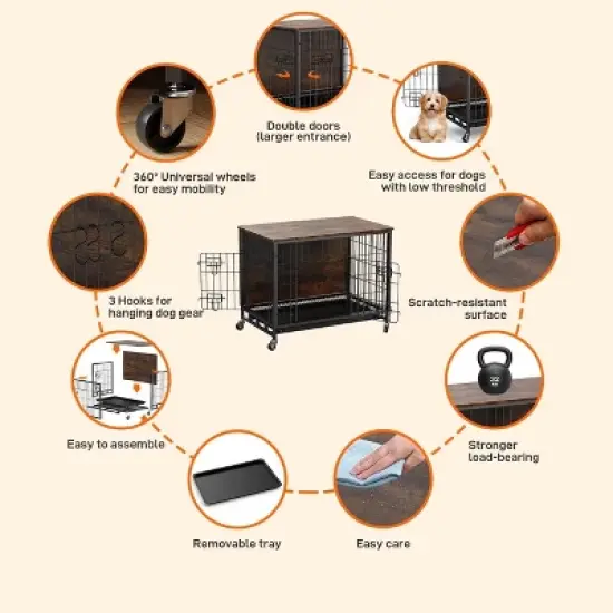 Whizmax Dog Crate Furniture, 32.5'' Wooden Dog Kennel with Wheels and Double Door, Decorative Pet House with Removable Tray for Living Room, Bedroom image {6}