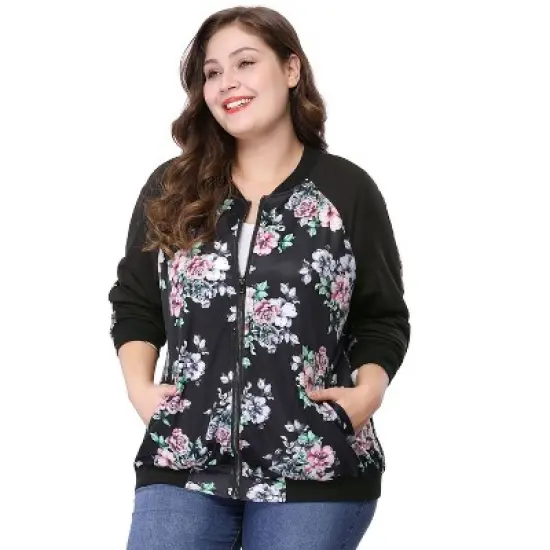 Agnes Orinda Women's Plus Size Zipper Raglan Sleeves Floral Bomber Jacket image {6}