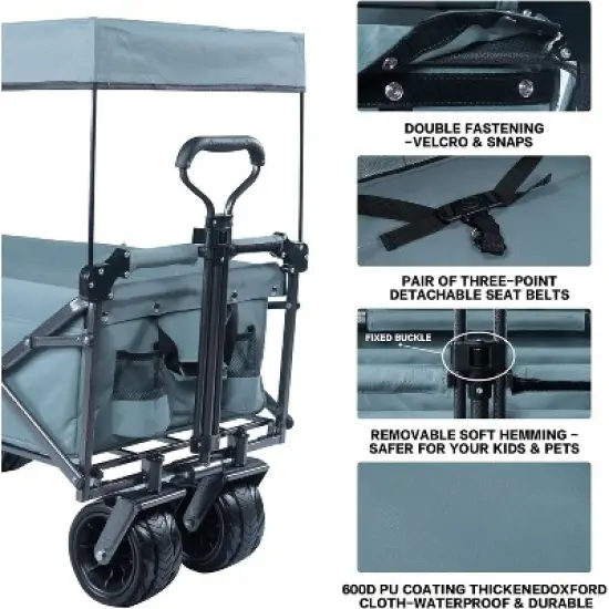 DOMETOUR Collapsible 140L Wagon Cart with Canopy, Wheels & Brake, Cooler Bag, for Camping, Beach, Shopping, All-Terrain image {2}