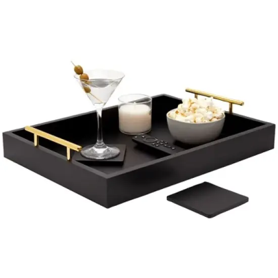 Juvale Decorative Wood Serving Tray with Handles and Coasters - 16.5 x 12.2 x 3.1 in image {8}