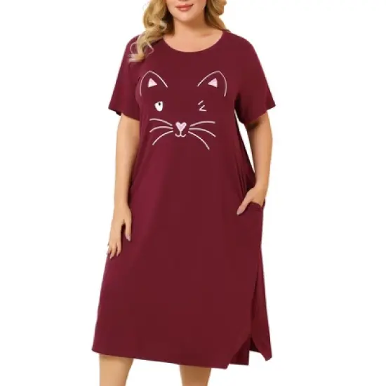 Agnes Orinda Womens Plus Size Short Sleeve Cute Cat Print Pockets Nightgown image {6}