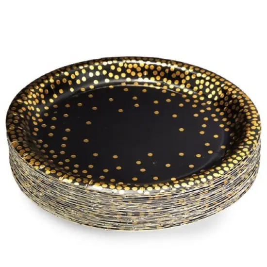 Blue Panda 48 Pack Black and Gold Paper Plates with Gold Foil Dots, Birthday, Graduation, New Years, Retirement, 1920's Dinner Party Supplies, 9 In image {6}