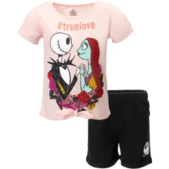 Disney Nightmare Before Christmas Knotted Graphic T-Shirt French Terry Shorts Set Black / Pink  image {6}