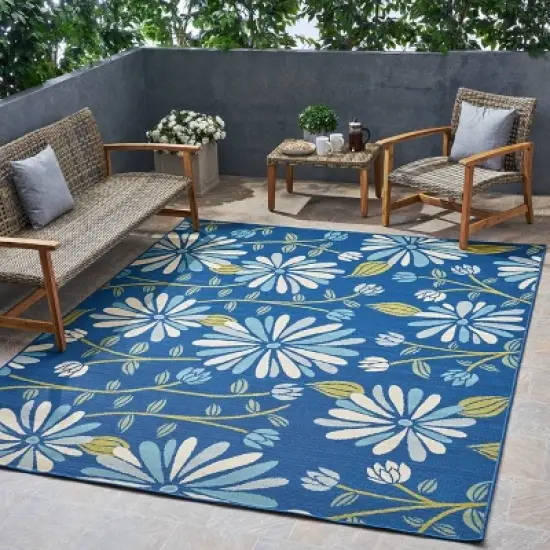 7'10" x 10' Daisy Floral Outdoor Rug Blue/Ivory - Christopher Knight Home image {2}