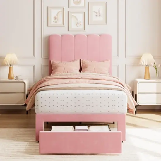 2 Sets Twin Bed Frame with Under-Bed Drawer, Velvet Upholstered Platform Bed with Wave Headboard,No Box Spring Needed image {3}