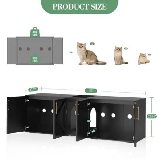 Cat Litter Box Enclosure with Double Room, Modern Wood Cat Washroom Furniture with Pad image {7}