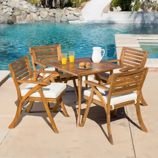 GDFStudio Baia Outdoor Acacia Wood 5 Piece Dining Set with Cushion, Teak/Cream image {12}