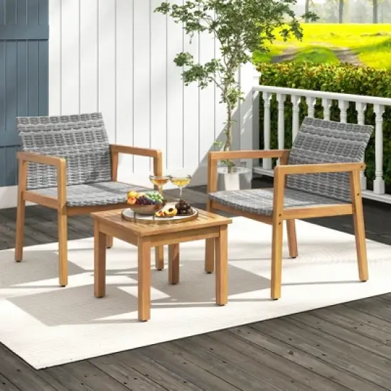 Costway 3 PCS Outdoor Furniture Set, Acacia Wood Frame Sofa Set with Rattan Seat image {9}