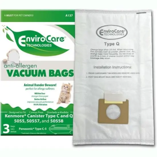 EnviroCare Replacement Allergen Filtration Bags Designed to fit Kenmore Canister Type C/Q, 50555, 50558, 50557 and Panasonic Type C-5 3 pack image {8}