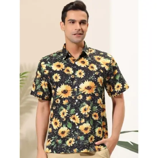 Lars Amadeus Men's Sunflower Printed Short Sleeve Button Down Hawaiian Floral Shirt image {1}