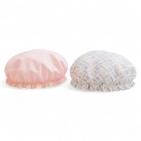 Spa Essentials 2-Pack Shower Caps &ndash; Reversible Waterproof Caps with Stylish Patterns & Solid Colors &ndash; Hair Protection image {5}