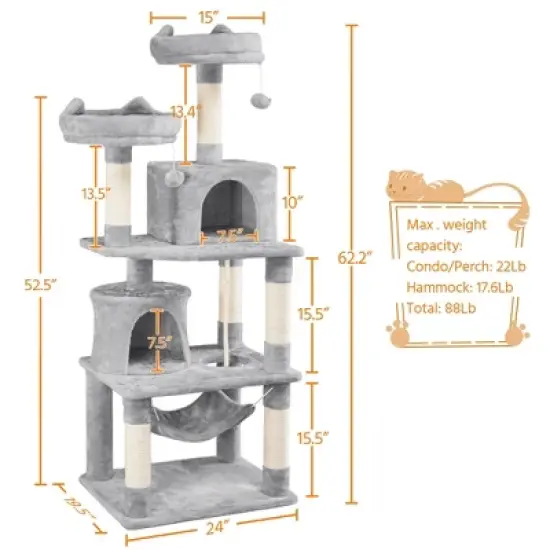 Yaheetech 62.2"H 3-Level Cat Tower with 2 Condos for Indoor Cats image {2}