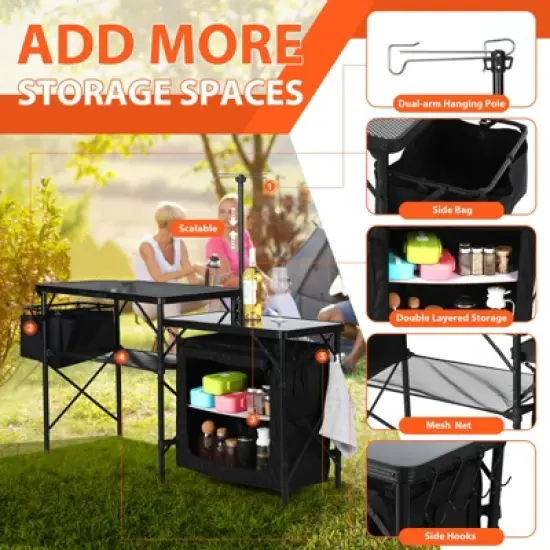 MUKE Portable Camping Kitchen Table with Storage, Light Pole & Side Hooks, Folding Outdoor Cook Station for Picnic image {2}