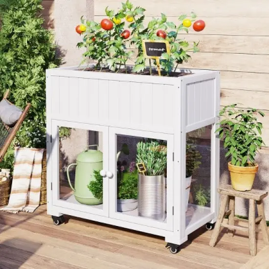 Outdoor Patio Fir Wood Mini Cold Frame,Polycarbonate Door Wooden Compact Garden Greenhouse with Wheels,Wooden Raised Bed with Liner-Coolbibila image {8}