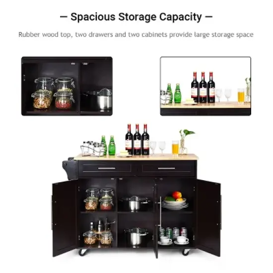 Costway Kitchen Island Trolley Cart Wood Top Rolling Storage Cabinet w/Knife Block WhiteBrown image {6}