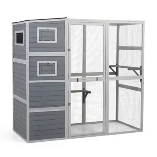 DOMETOUR Large Wooden Cat Enclosure with Waterproof Roof and Platforms Gray image {6}