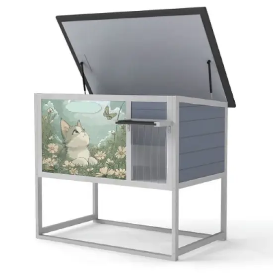 Resenkos Elevated Cat Shelter, Weatherproof Feral Home With High Legs, Curtained & Escape Door, Openable Top, Gray image {10}