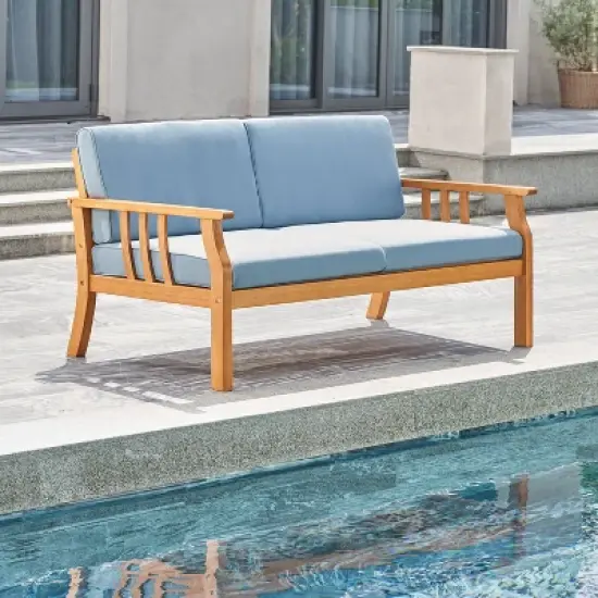 Kapalua Honey Nautical Eucalyptus Wooden Outdoor Sofa Bench with Cushion - Vifah image {1}