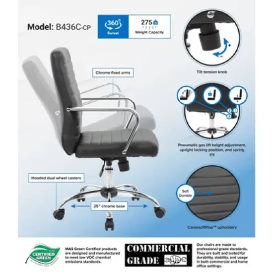 Task Chair with Fixed Arms Black - Boss Office Products: Upholstered, Metal Frame, Adjustable Height, Casters/Wheels image {6}
