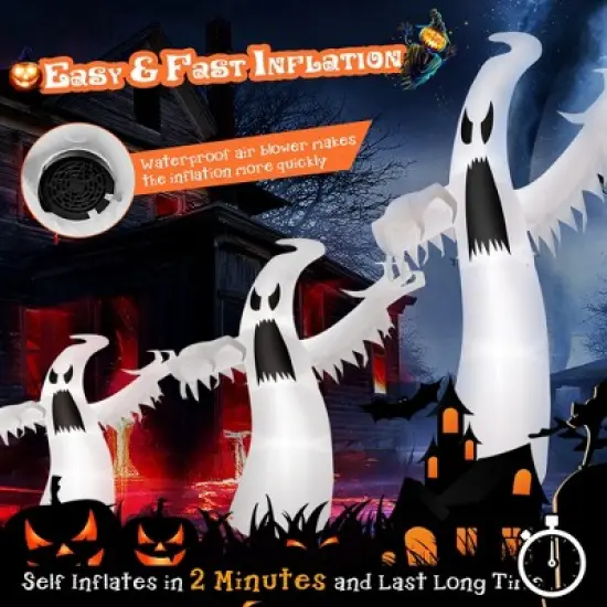 Costway 12ft Halloween Inflatable Ghost Quick Blow up w/LED Lights Outdoor Yard Scary Decoration image {6}