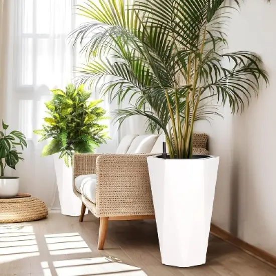 Acekool Set of 2 Self-Watering 16" Tall Planters with Wheels, Water Level Monitor, Large Indoor Outdoor Flower Pots, Drainage, Black image {9}