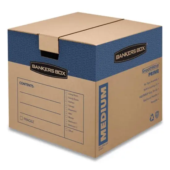 Bankers Box SmoothMove Prime Moving/Storage Boxes, Hinged Lid, Regular Slotted Container, Medium, 18" x 18" x 16", Brown/Blue, 8/Carton image {7}