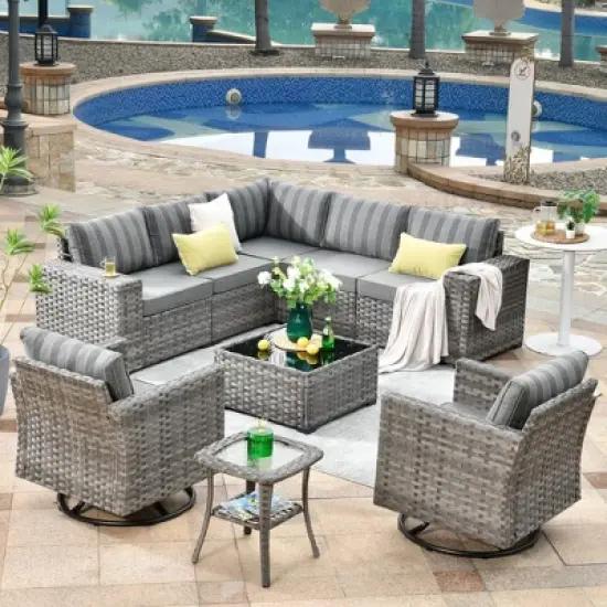 Marlton 9pc Wicker Outdoor Patio Furniture Set Conversation Sofa Sectional with Swivel Chairs and Cushions image {18}