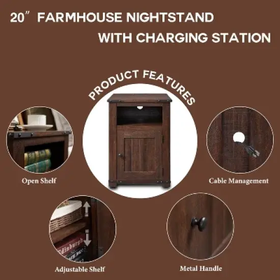 Nightstand with Charging Station, 20" Farmhouse End Table w/Groove Barn Door & Adjustable Shlef for Bedroom image {4}