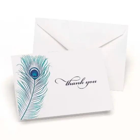 Hortense B. Hewitt HBH 3 1/2" x 4 7/8" Peacock Feather Wedding Thank You Card White/Navy 50/Pack image {1}