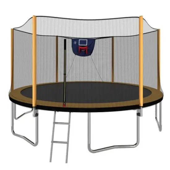 Okak 14FT All Weather Outdoor Trampoline with Basketball Hoop, Trampoline with Outer Safety Enclosure and Ladder, Rebounder for Adult, Kids, Orange image {7}