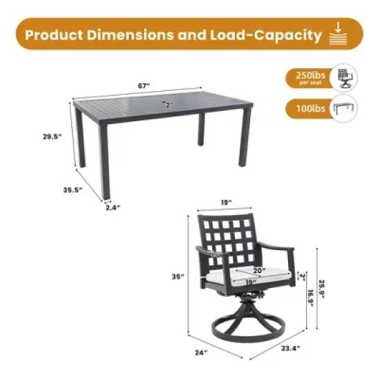 DOMETOUR Modern 5Pcs Outdoor Patio Dining Set, A Rectangular Table & Four Swivel Rock Dining Chairs, Rust-Free, Weather-Resistant, for Garden image {4}