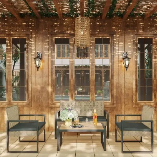 GDFStudio Elton Patio 4 pcs Steel and Rattan Conversation Set image {2}