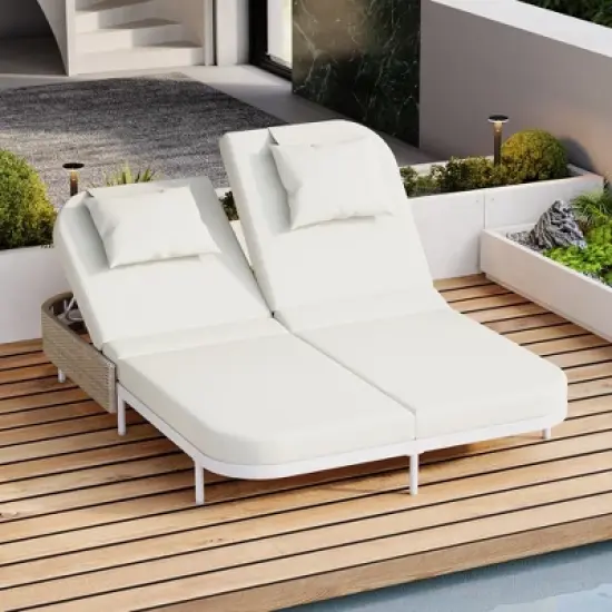 Whisen Outdoor Rattan Daybed with Beige Cushion, 5-Position Adjustable Backrest & Removable Pillows image {16}