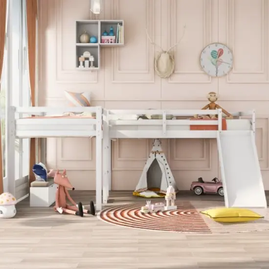 L-Shaped Twin Size Loft Bed with Ladder and Slide - ModernLuxe image {2}