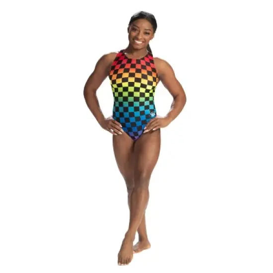GK Elite Girls' Simone Biles Rainbow Checker Leotard image {9}