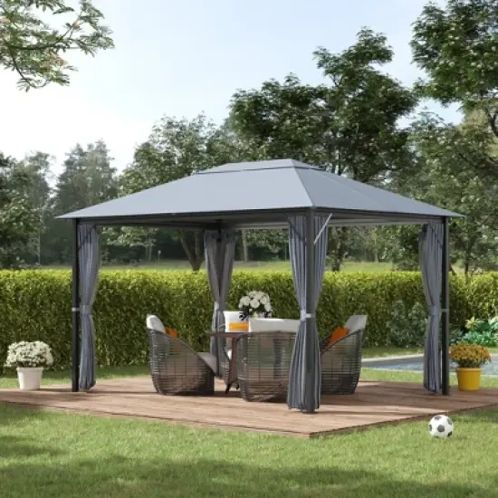 Outsunny 13' x 10' Outdoor Patio Gazebo Soft Top Canopy with PA Coated Polyester Roof, Steel/Aluminum Frame, Curtains & Netting Sidewalls, Gray image {2}